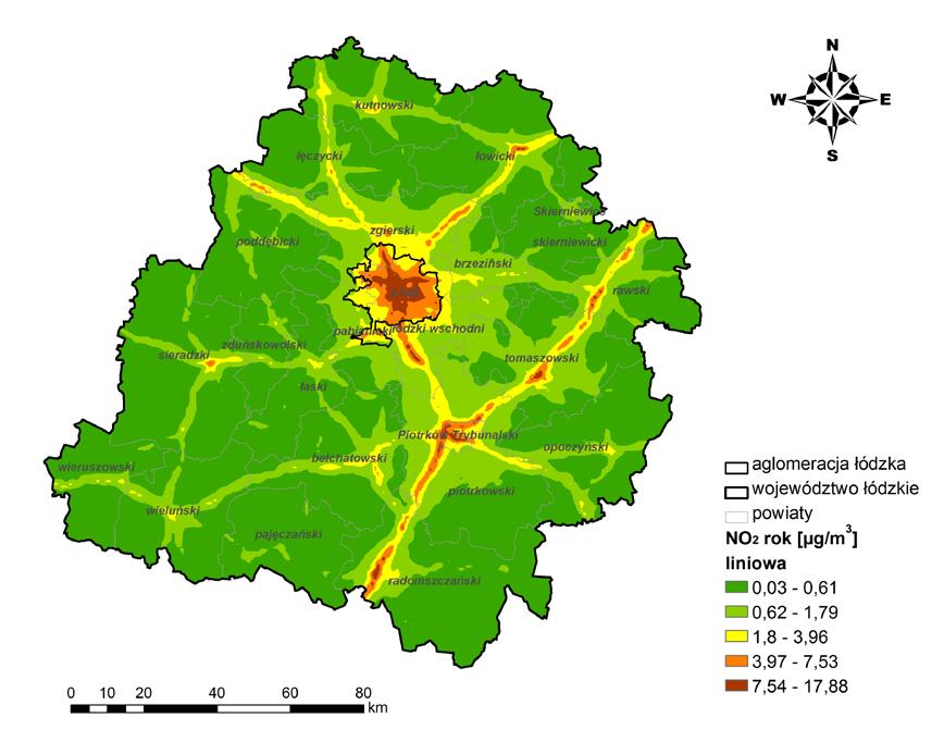 Powietrze Stan Mapa III.11 Rozkład średniorocznych stężeń NO 2 pochodzących z emisji liniowej (komunikacyjnej) na terenie woj. łódzkiego w 2012 r.