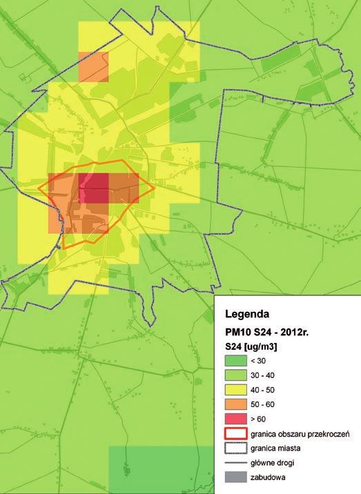 Powietrze Stan Mapa III.21 Rozmieszczenie średniodobowych wartości stężenia pyłu zawieszonego PM10 w Skierniewicach w 2012 r.