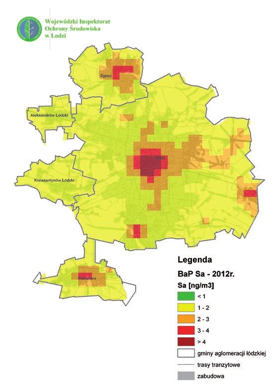 Powietrze Stan Mapa III.25 Rozmieszczenie średniorocznych wartości stężenia benzo(a)pirenu w pyle PM10 w aglomeracji łódzkiej w 2012 r. III.3.2.4 Ocena imisji pyłu zawieszonego PM2,5 Wśród zanieczyszczeń pyłowych największe zagrożenie dla zdrowia ludności niosą drobne frakcje pyłu zawieszonego.