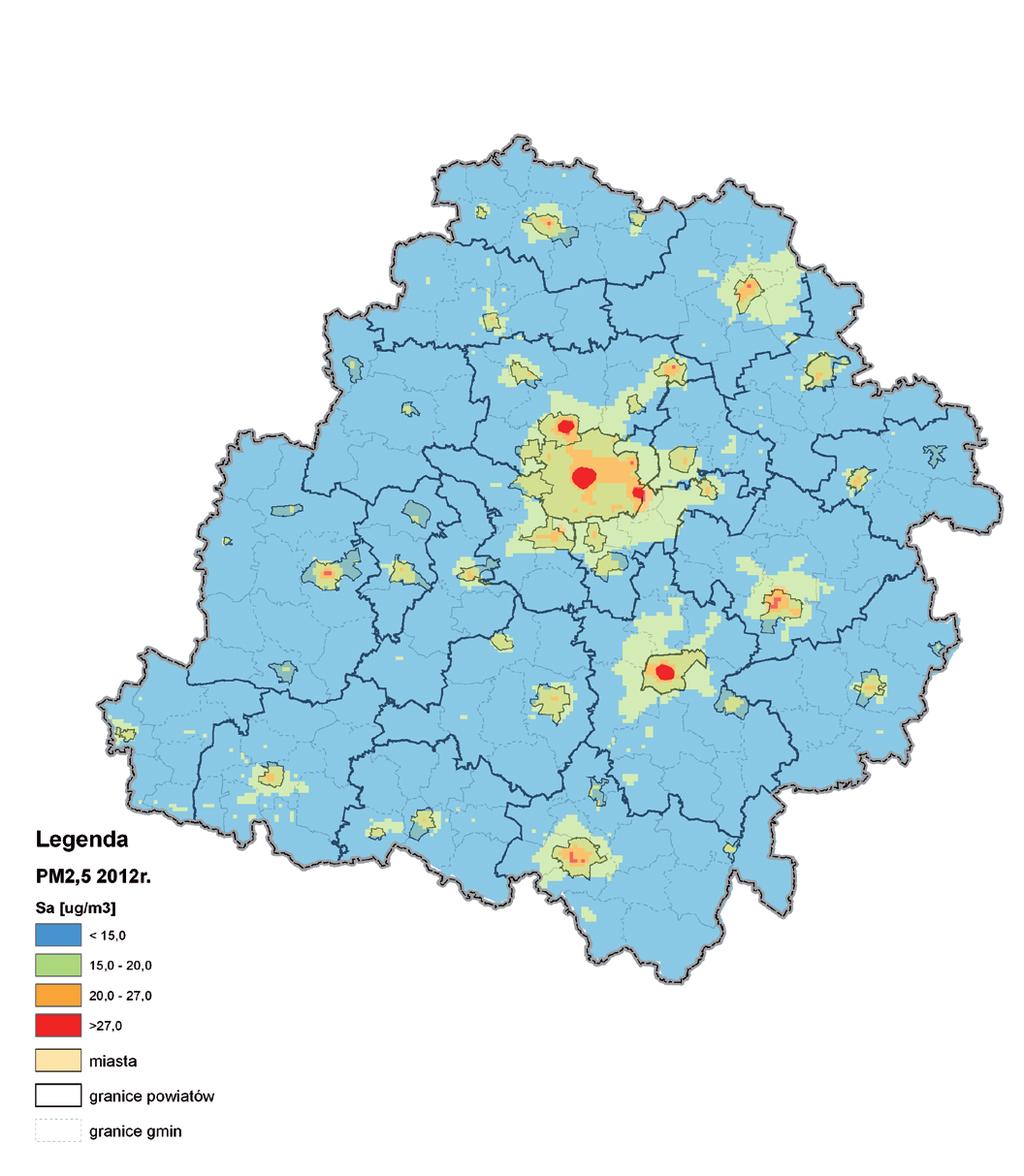 Powietrze Stan Mapa III.26 Rozkład przestrzenny pól imisji pyłu PM2,5 w województwie łódzkim w 2012 r. Literatura: 1. Grochowicz E., Korytkowski J.