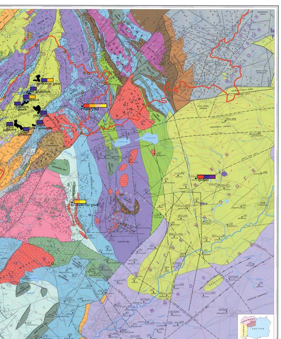 Fig. 1. Medicinal waters of the Sudetic region on the background of the tectonic map of Lower Silesia by Cymerman (2004) Dowgia³³y i in.
