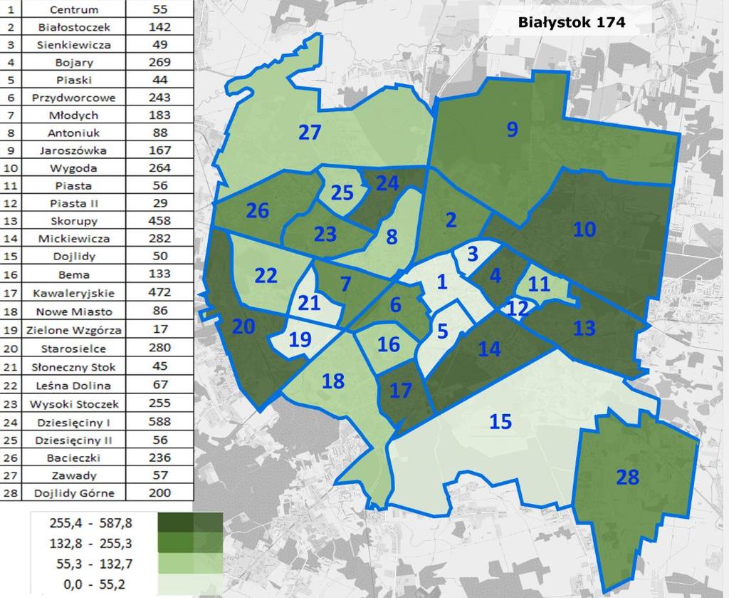 Rysunek 29. Liczba budynków niskoemisyjnych na 1 km 2 osiedla w roku 2015 Źródło: opracowanie własne na podstawie danych Urzędu Miejskiego w Białymstoku, GIS Białystok, openstreetmap.org 9.2. Budynki mieszkalne wybudowane przed 1970 rokiem Wskaźnikiem problemów przestrzenno-funkcjonalnych są także budynki zbudowane przed 1970 rokiem.