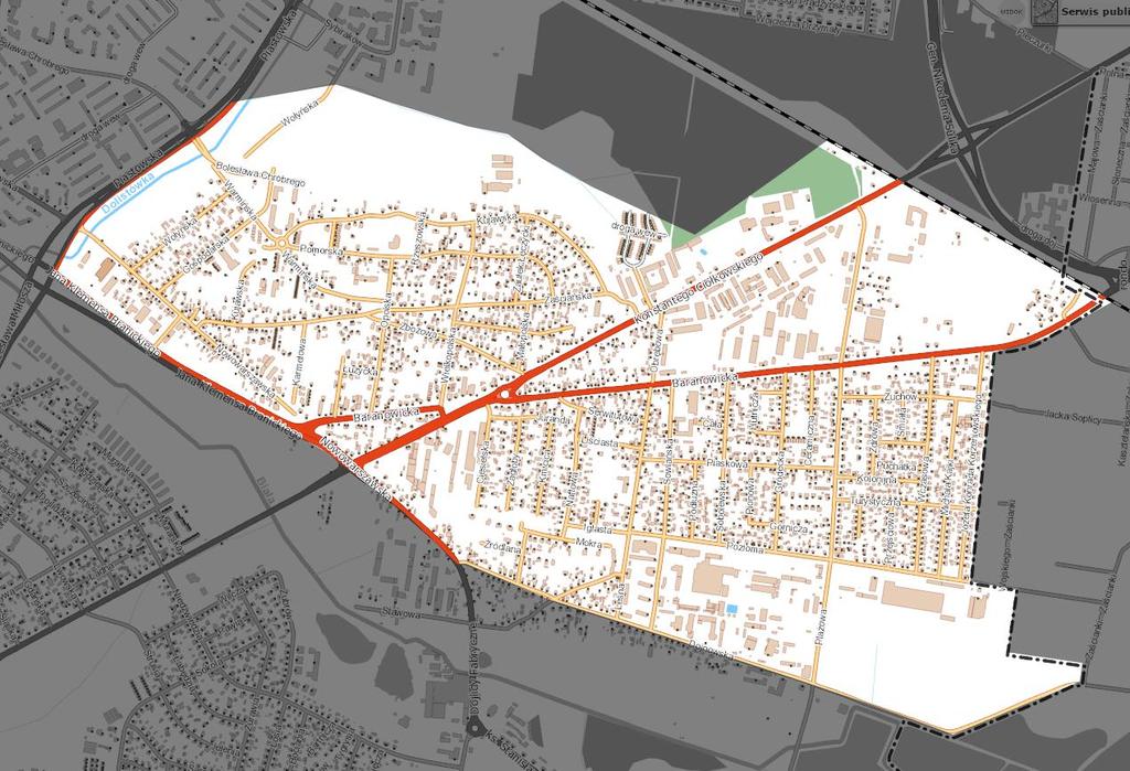 Rysunek 37. Granice osiedla Skorupy Źródło: opracowanie własne na podstawie: GIS Białystok Na terenie osiedla Skorupy występuje duża liczba budynków mieszkalnych powstałych przed 1970 rokiem.