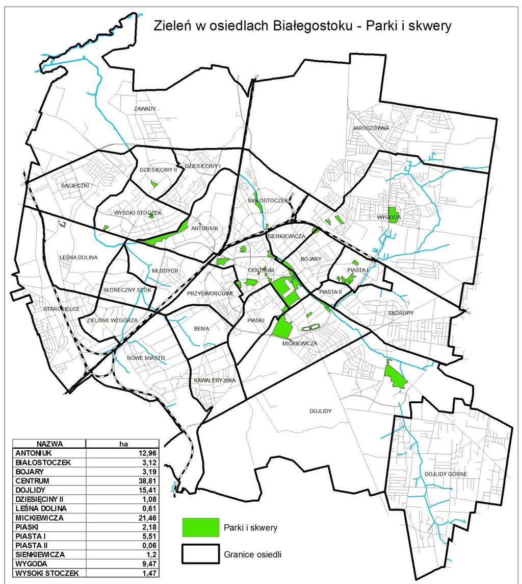(0,1 ha), Leśna Dolina (0,61 ha), Dziesięciny I (1,08 ha), Sienkiewicza (1,2 ha), Wysoki Stoczek (1,47 ha) lub nie występuje wcale: Zawady, Bacieczki, Dziesięciny II, Młodych, Słoneczny Stok,