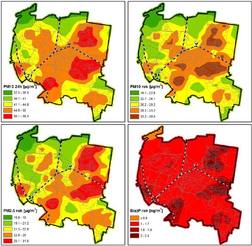 Rysunek 14. Stężenia poszczególnych zanieczyszczeń (pyłu zawieszonego - PM2,5, PM10 24h, PM10 rok, benzo(a)pirenu - B(a)P) pochodzących z emisji łącznej w strefie aglomeracji białostockiej w 2012 r.