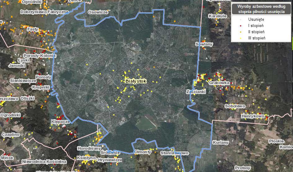 Graficzny rozkład wyrobów azbestowych na terenie Białegostoku przedstawia poniższa mapa. Rysunek 16. Wyroby azbestowe na terenie miasta Źródło: http://esip.bazaazbestowa.gov.pl/geoserwis.