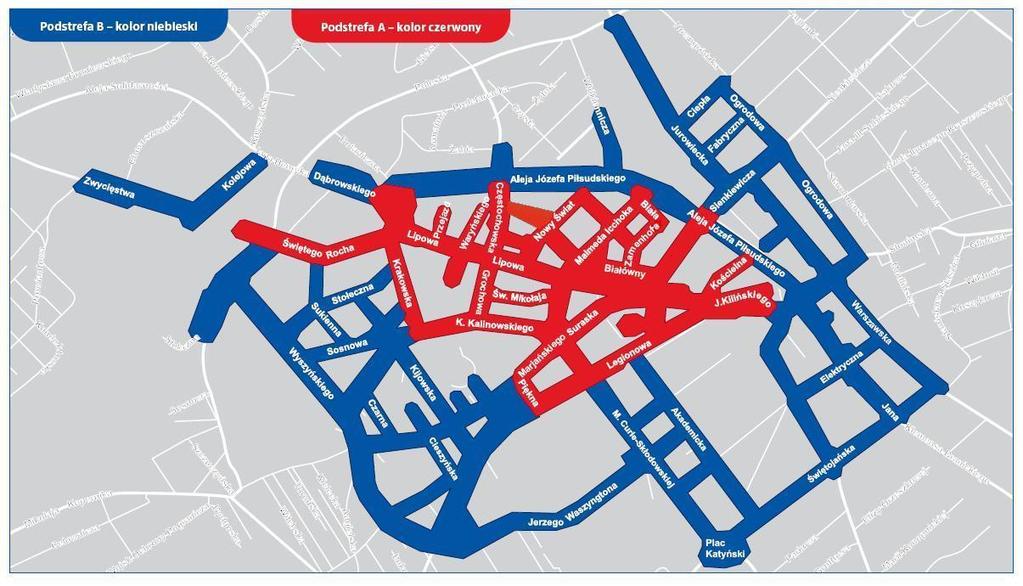 Rysunek 21. Podstrefy płatnego parkowania Źródło: www.bialystok.pl Opłaty w parkomatach można wnieść za pomocą monet/bilonu lub kart płatniczych (zbliżeniowych lub chipowych).