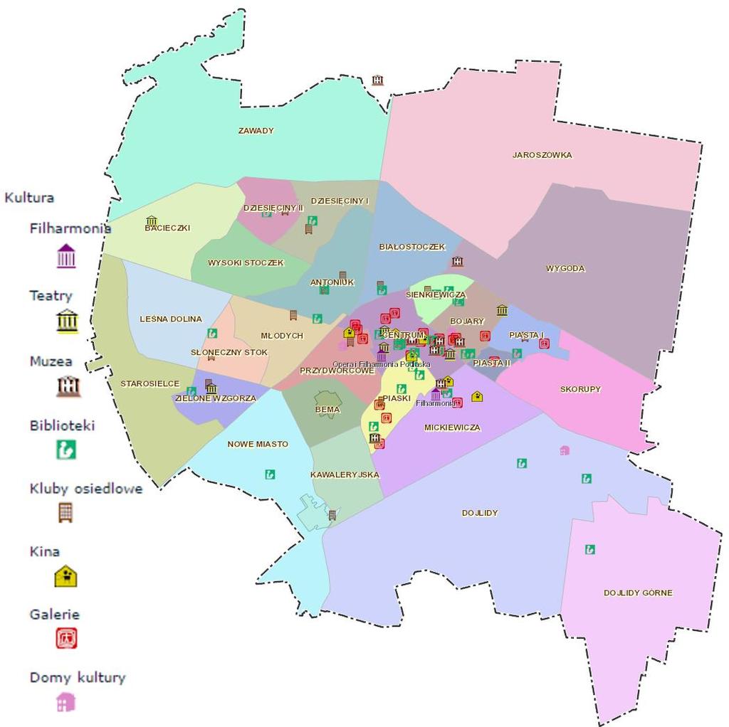 Rysunek 24. Rozmieszczenie obiektów kulturalnych na terenie Białegostoku według osiedli Źródło: opracowanie własne na podstawie GIS Białystok Tabela 19.
