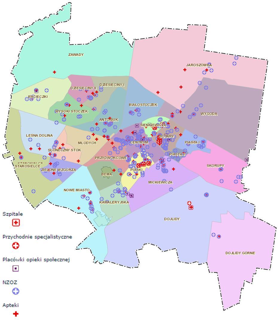 części miasta, natomiast we wschodniej jest ich nieco mniej. Z kolei w północnej i południowej części miasta liczba obiektów opieki zdrowotnej jest znikoma, występują sporadycznie lub w ogóle.
