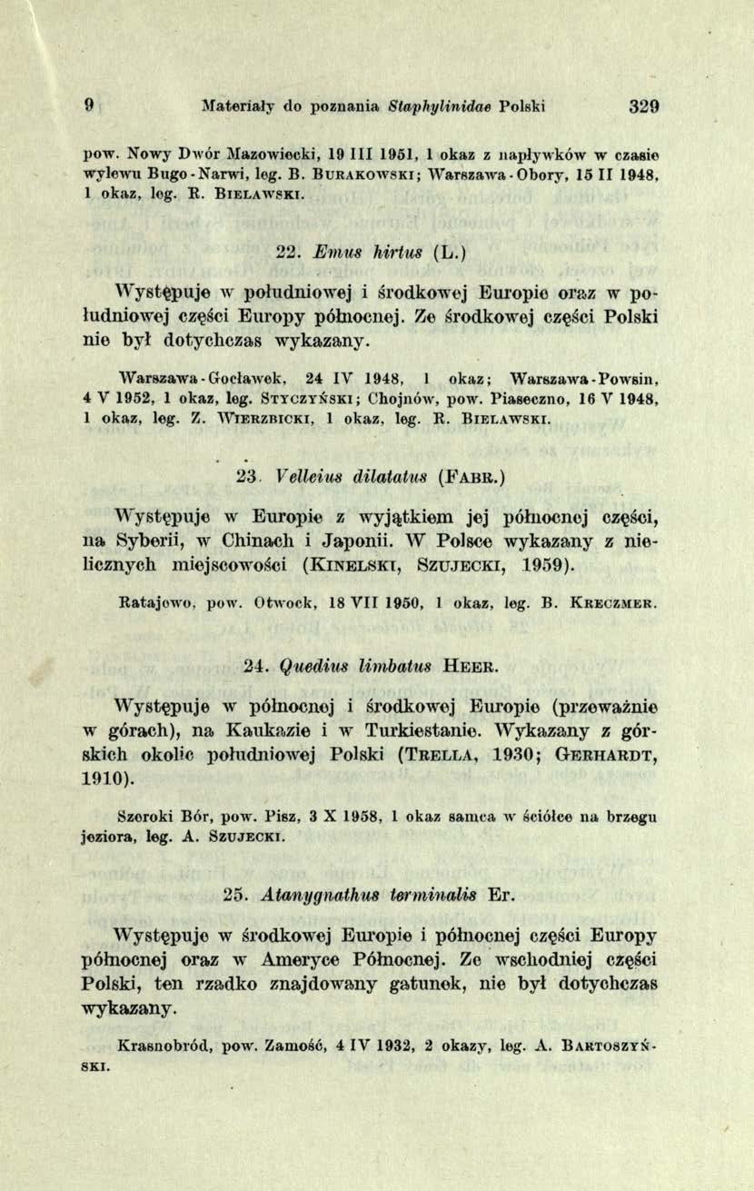 9 Materiały do poznania Staphylinidae Polski 329 poiv. Nowy Dwór Mazowiecki, 19 111 1951, 1 okaz z napływków w czasie wylewu Bugo-Narwi, leg. B. B u r a k o w s k i; Warszawa - Obory, 15 II 1948.