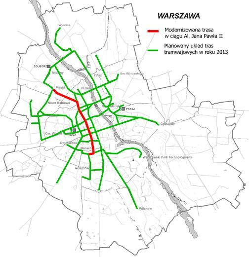 Rys. 1. Usytuowanie modernizowanej trasy w ciągu Al. Jana Pawła II na tle sieci tramwajowej w Warszawie liczba osób 4500 4000 3500 3000 2500 2000 1500 1000 500 0 Piaski - Pl. Grunwaldzki Pl.