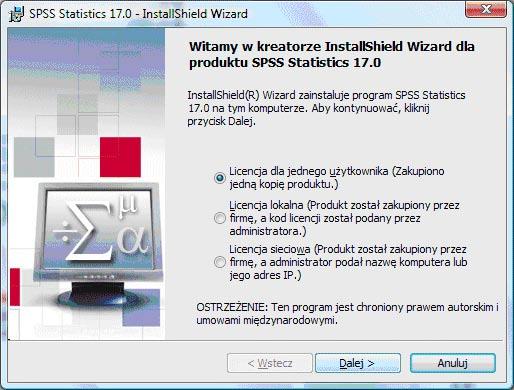 Instrukcja instalacji programu SPSS Statistics 17.0 Przed rozpoczęciem instalacji programu prosimy o zapoznanie się z instrukcją instalacji.