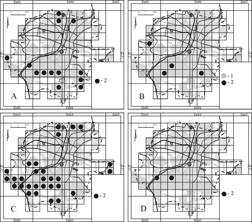 A. Łubek: Biota porostów epifitycznych Kielc 159 Ryc. 6. Rozmieszczenie wybranych gatunków porostów epifitycznych na terenie Kielc: 1 w latach 70. XX w., 2 2005 r.