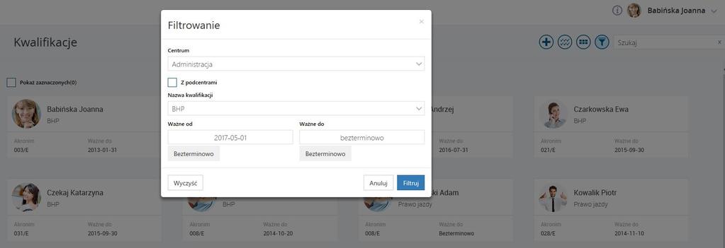 Rys 38. Widok filtra - kwalifikacje Lista kwalifikacji domyślnie wyświetlana jest w widoku kafelkowym.