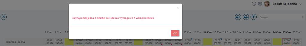 wykonaniu weryfikacji dni, w których wykryto nieprawidłowości oznaczane są na czerwono i wyświetla się komunikat: Rys 103.