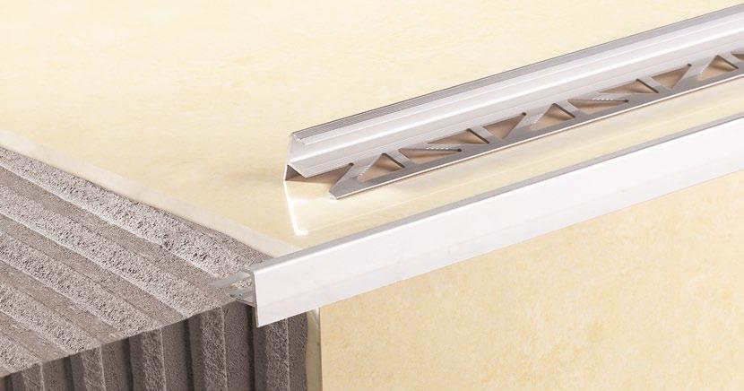 CL rofil schodowy Лестничный профиль Stair profile rofil ochrania krawędzie stopni schodowych wyłożone płytkami ceramicznymi. Stanowi eleganckie wykończenie w formie delikatnego obramowania.
