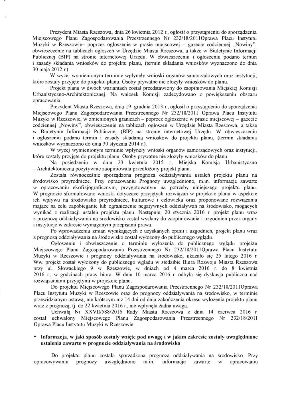 Prezydent Miasta Rzeszowa, dnia 26 kwietnia 2012 r.