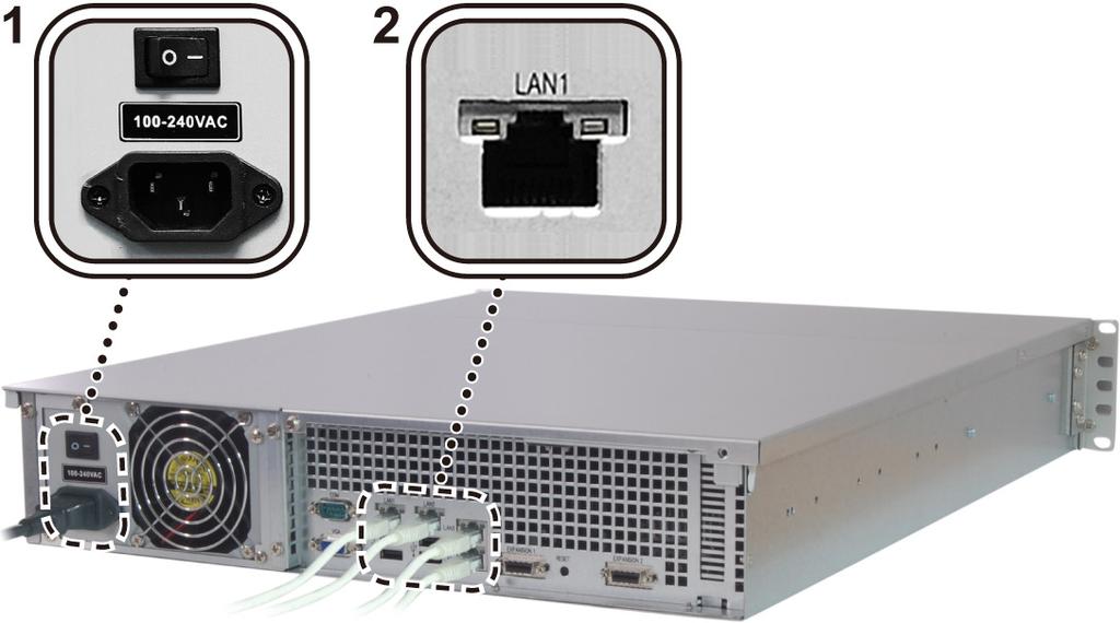 Uruchamianie serwera RackStation 1 Podłącz jeden koniec kabla zasilającego do gniazda zasilania serwera RackStation, a drugi