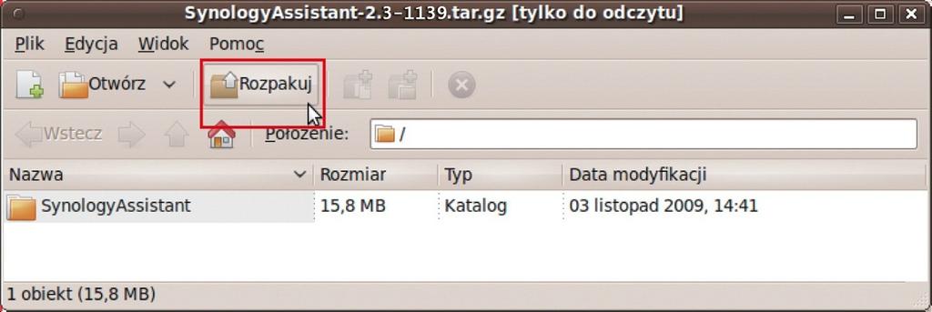 4 Kliknij przycisk Wypakuj, a następnie wypakuj katalog SynologyAssistant w ścieżce /usr/local lub dowolnej innej. 3.