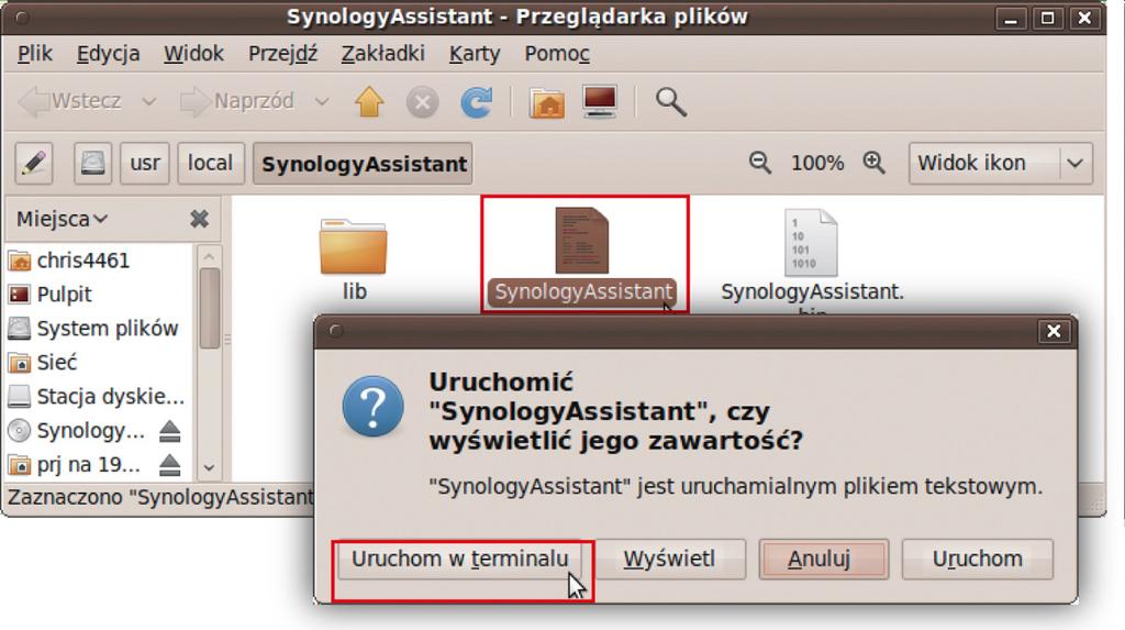 Aby je zainstalować, wpisz następujące polecenie w terminalu: sudo apt-get install ia32-libs 5 Przejdź do ścieżki /usr/local/synologyassistant (lub [określona ścieżka]/synologyassistant), kliknij