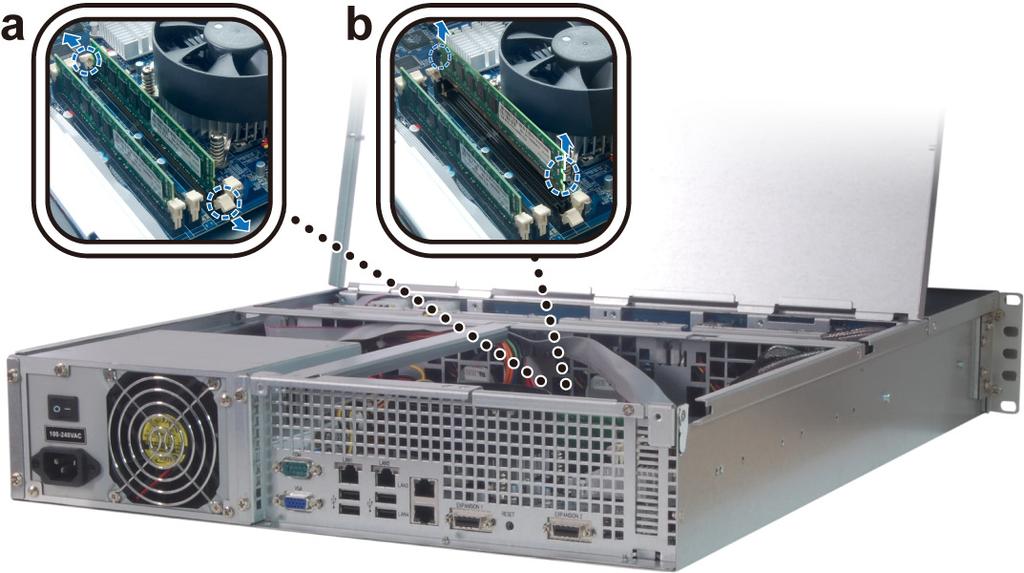 Usuwanie modułu pamięci RAM z serwera RackStation 1 Wykonaj kroki 1 i 2 z sekcji Instalowanie modułu pamięci RAM, aby otworzyć pokrywę serwera RackStation. 2 Wyjmij moduł pamięci RAM.