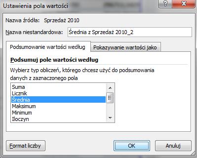 Klikamy dowolną komórkę w kolumnie Suma z sprzedaż 2010_3 prawym