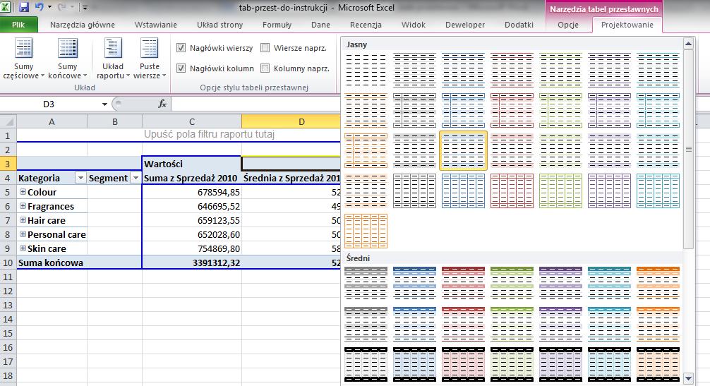Na koniec tego przykładu sformatujemy jeszcze tabelę przestawną używając jednego z dostępnych Stylów tabeli przestawnej.