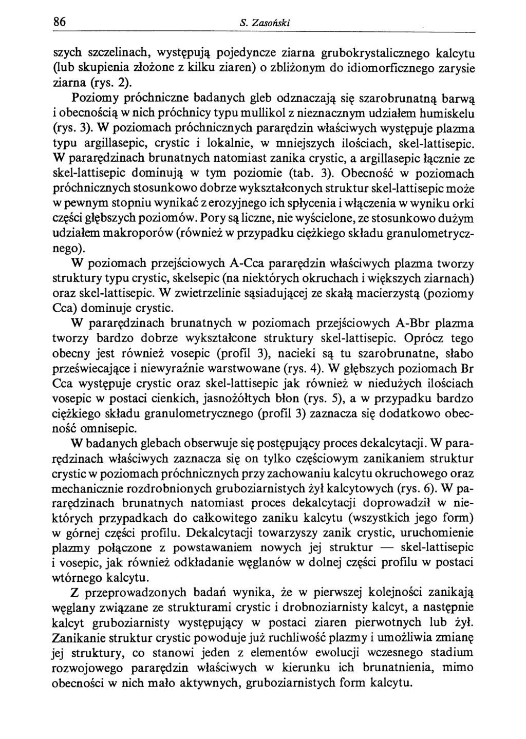 86 S. Zasoński szych szczelinach, występują pojedyncze ziarna grubokrystalicznego kalcytu (lub skupienia złożone z kilku ziaren) o zbliżonym do idiomorficznego zarysie ziarna (rys. 2).