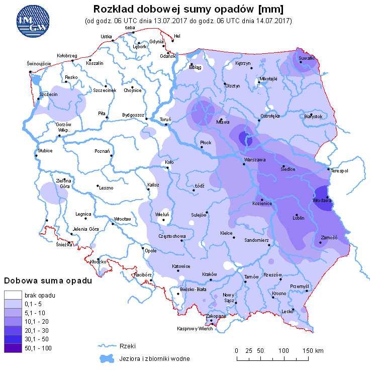 Ryc. 2. Rozkład dobowej sumy opadów Dorzecze Wisły OPIS SYTUACJI HYDROLOGICZNEJ z godz. 14:00 (cz. urzędowego) wody w dorzeczu Wisły układa się głównie w strefie wody średniej i niskiej.