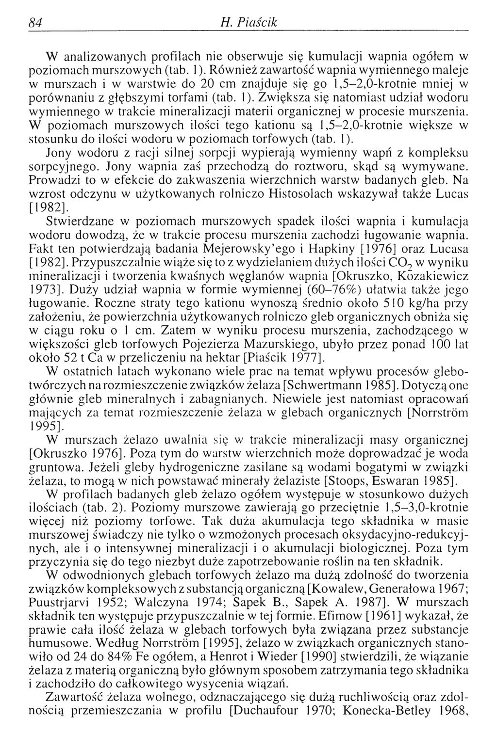 84 H. P iaścik W analizowanych profilach nie obserwuje się kumulacji wapnia ogółem w poziomach murszowych (tab. 1).