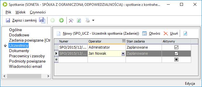 Organizacja spotkania Dodawanie uczestników odbywa się poprzez wpisanie w pola edytowalnej listy zaproszonych Operatorów, bądź też za pomocą przycisku po czym w nowym oknie należy wypełnić pole