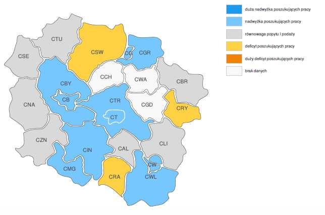 PROGNOZA NA 2017, WOJEWÓDZTWO KUJAWSKO-POMORSKIE RELACJA MIĘDZY DOSTĘPNĄ SIŁĄ ROBOCZĄ A ZAPOTRZEBOWANIEM NA PRACOWNIKÓW W GRUPIE ZAWODÓW INŻYNIEROWIE CHEMICY I CHEMICY WG POWIATÓW Źródło: