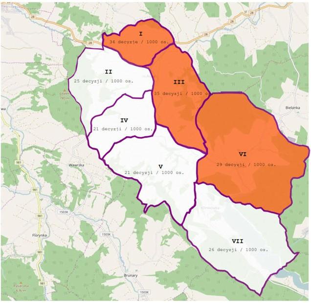 S t r o n a 14 Rysunek 3. LICZBA DECYZJI O POMOCY SPOŁECZNEJ Z TYTUŁU UBÓSTA / 1000 os. (średnia w gminie: 27/1000 os.