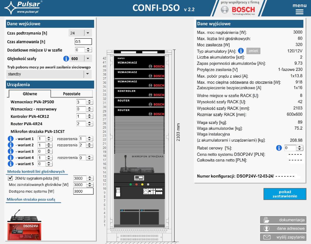 Narzędzie dla projektantów - CONFI-DSO W celu prawidłowego i szybkiego skonfigurowania szafy systemu DSO zaprojektowano program CONFI-DSO który na podstawie wprowadzonych parametrów projektowych