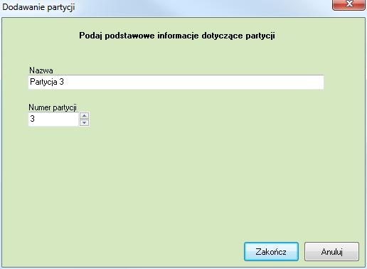 6 Elementy systemu Siemens SPC 6.1 Partycje W tym menu pokazana jest lista partycji będących w konfiguracji centrali 6.1.1 Dodawanie partycji W celu ręcznego dodania partycji należy wybrać przycisk Dodaj, w oknie które się pojawi należy podać nazwę oraz numer partycji.