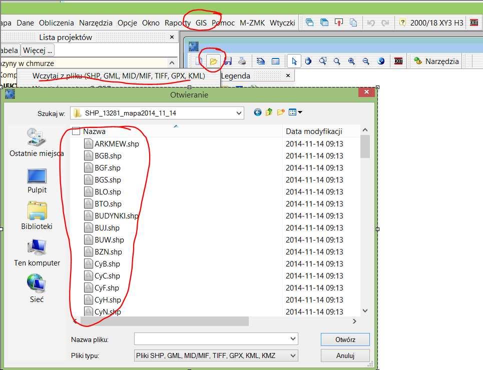 Na górnym pasku narzędzi w menu GIS trzeba wcisnąć ikonkę Otwórz, wybrać opcję Wczytaj