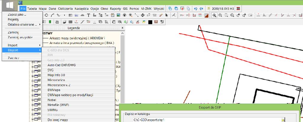 Pliki shape zapisują się domyślnie w katalogu C-geo/export, o ile ścieŝka eksportu nie została wcześniej zmieniona przez uŝytkownika.