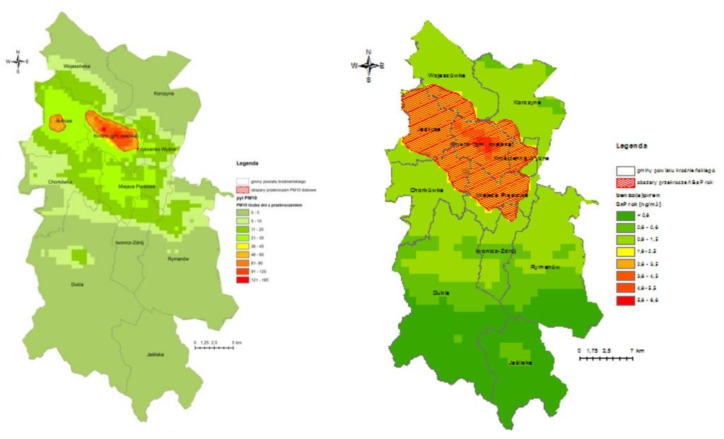 Rysunek 11. Obszar przekroczeń dobowego poziomu dopuszczalnego pyłu PM10 (po lewej) i bezno(a)pirenu (po prawej) na terenie powiatu krośnieńskiego w 2014 r.
