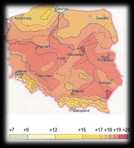 Najniższa średnia temperatura notowana jest na Pojezierzu Suwalskim i wynosi 6 o C, a najwyższa na Nizinie Śląskiej i Pogórzu