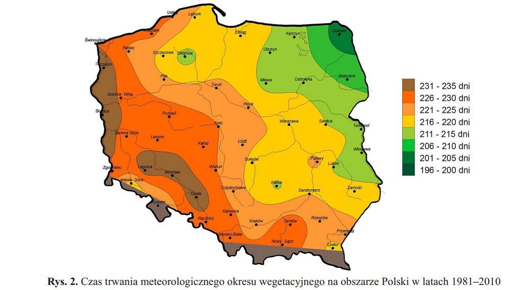 W latach 1971-2000 okres wegetacyjny trwał 214 dni, po 2020 r.będzie trwać 230 dni.