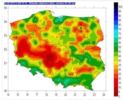 B Obszary o wilgotności poniżej 30-40% wskazują na możliwy deficyt wody w strefie korzeniowej.