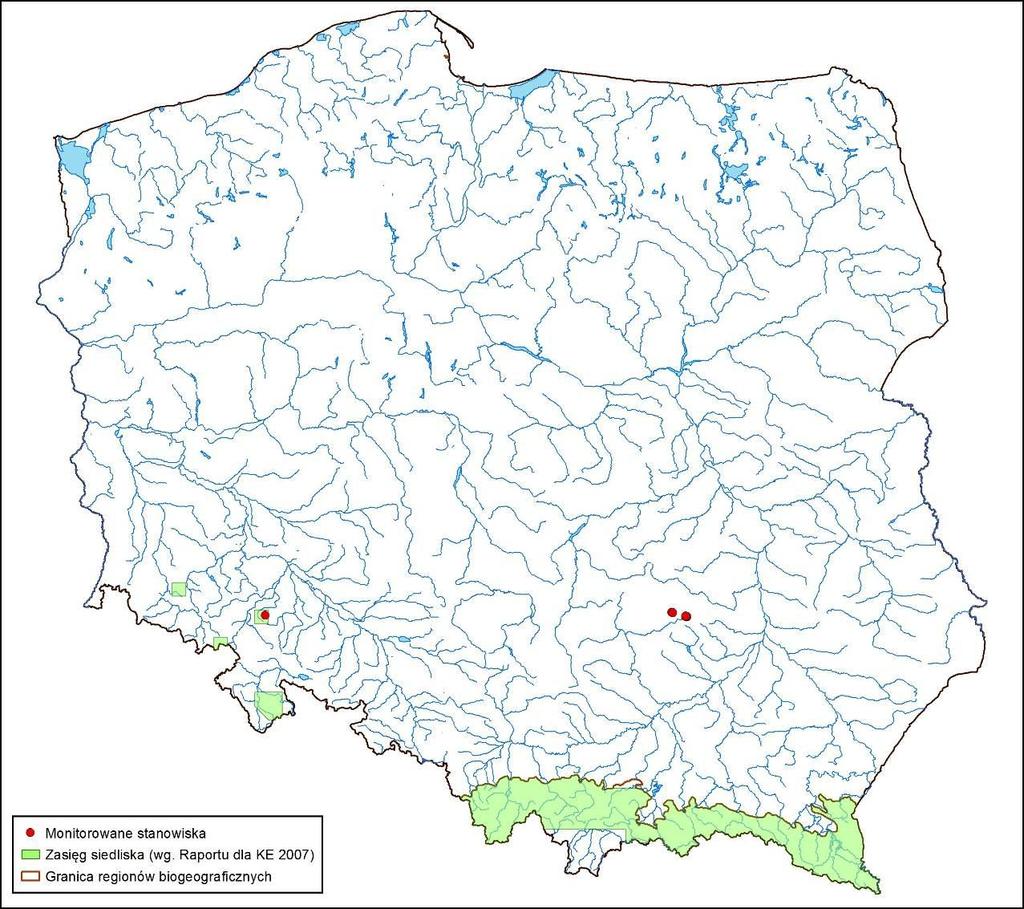 Ryc. 1. Rozmieszczenie stanowisk monitoringu na tle zasięgu geograficznego siedliska Tab.1. Zestawienie badanych stanowisk i obszarów dla siedliska przyrodniczego 8150 w regionie kontynentalnym.