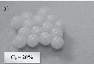 Rys. 4. a) Kryształy trifluraliny w roztworze chlorku wapnia. b) Alginianowe kapsułki trifluraliny (układ C) Fig 4. a) Trifluraline crystals in calcium chloride solution.