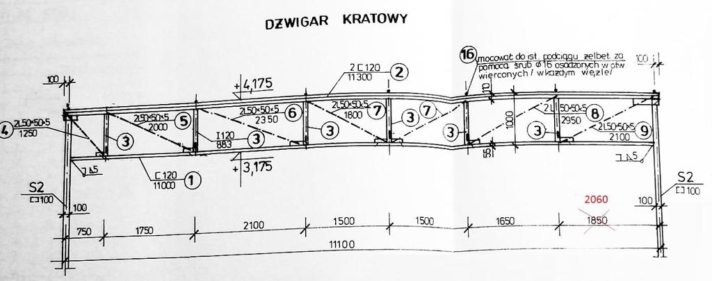 3.4. SPRAWDZENIE ISTNIEJĄCEJ KRATOWNICY PODPIERAJĄCEJ STROP Wg opracowania pierwotnego ostatnie przęsło kratownicy miało wymiar 185m - zgodnie z inwentaryzacją 06m.