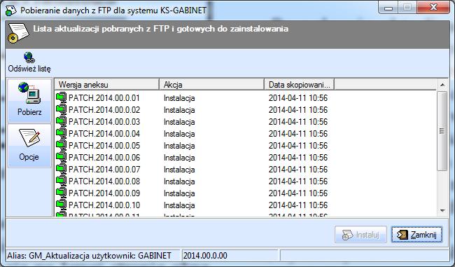 Zostanie wyświetlona lista pobranych aktualizacji z serwera ftp.