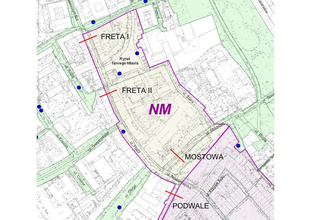 Analiza i ocena bezpieczeństwa nowej organizacji ruchu pieszego i rowerowego na terenie Nowego Miasta w Warszawie 5 Rys. 2.1 Lokalizacja przekrojów pomiarowych.