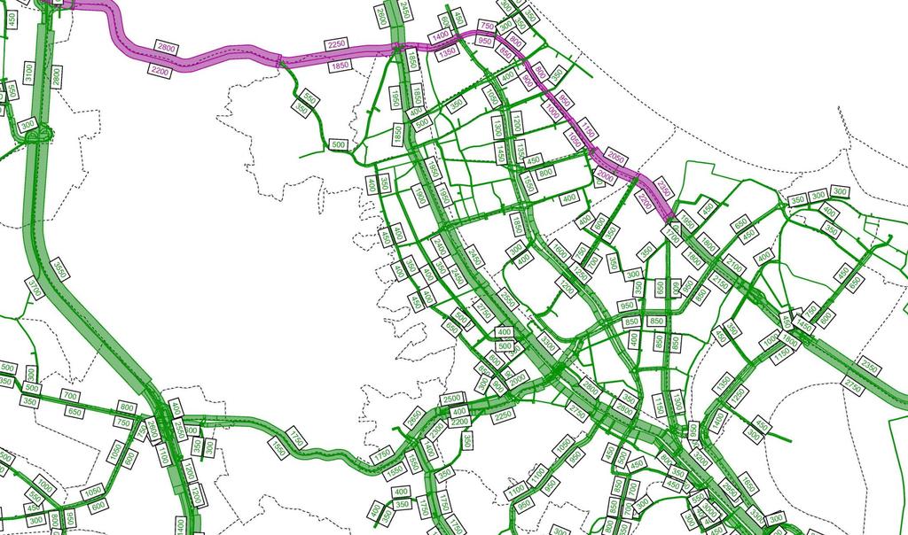 TRAFIK DLA WYBRANEGO WARIANTU Prognozowane natężenie ruchu na Drodze Zielonej w godzinie szczytu popołudniowego ZADANIE 1 (Nowa Spacerowa G2/2 + Nowa Kielnieńska G1/2 + węzeł Drogi Zielonej/ Al.