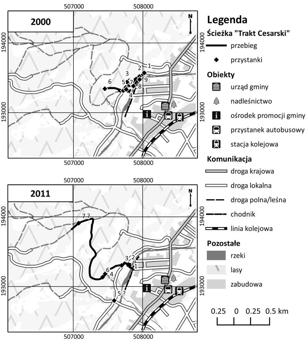 Ryc.2. Dotychczasowe przebiegi ścieżki Trakt Cesarski i lokalizacja przystanków na podkładzie topograficznym (źródło: opracowanie własne).