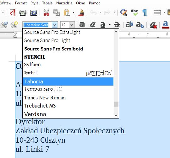 [12/22] Writer 2 Kliknij w polu Krój czcionki, a następnie w rozwiniętej liście, używając strzałek góra-dół, wyszukaj i kliknij nazwę Tahoma Rysunek 21.