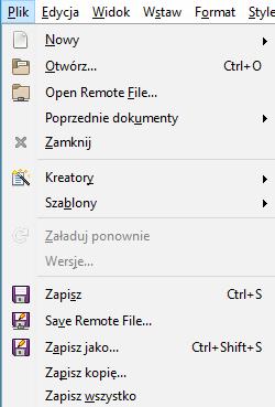 [6/22] Writer Kliknięcie przycisku Zamknij powoduje zakończenie pracy z bieżącym dokumentem lub zamknięcie programu (jeżeli otwarty do edycji jest tylko jeden dokument).